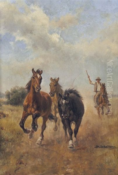 Bringing The Horses Home Oil Painting by Jan Hendrik Scheltema