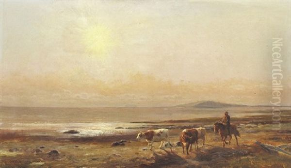 Stockman And Cattle By The Water At Sunset Oil Painting by Jan Hendrik Scheltema