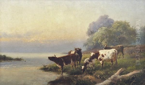 Cattle By The Water Oil Painting by Jan Hendrik Scheltema