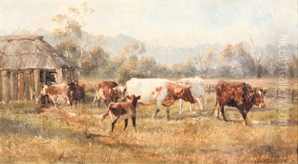 Cattle In A Farm Landscape Oil Painting by Jan Hendrik Scheltema