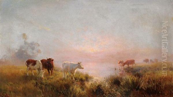 Cattle In Morning Light Oil Painting by Jan Hendrik Scheltema