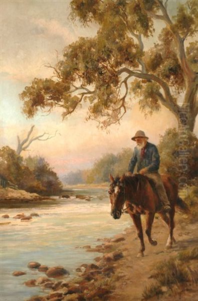 Man On Horseback By The River Oil Painting by Jan Hendrik Scheltema