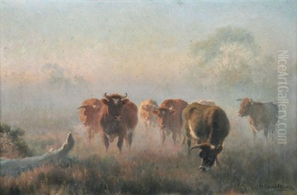 Cattle In A Rising Mist Oil Painting by Jan Hendrik Scheltema