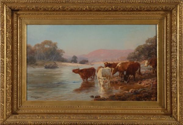 Cattle Drinking Oil Painting by Jan Hendrik Scheltema