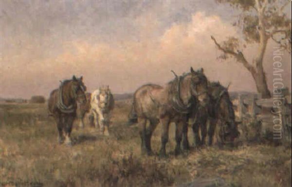 Draught Horses Grazing Oil Painting by Jan Hendrik Scheltema