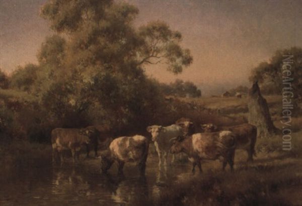 Australian Landscape With Cattle Watering Oil Painting by Jan Hendrik Scheltema