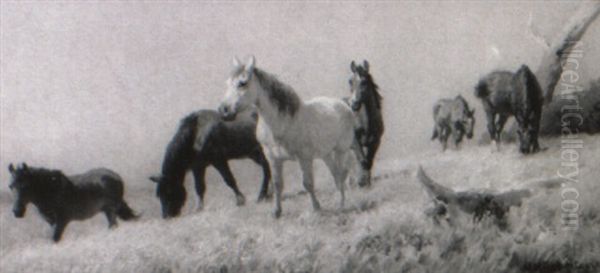 Grazing Horses Oil Painting by Jan Hendrik Scheltema