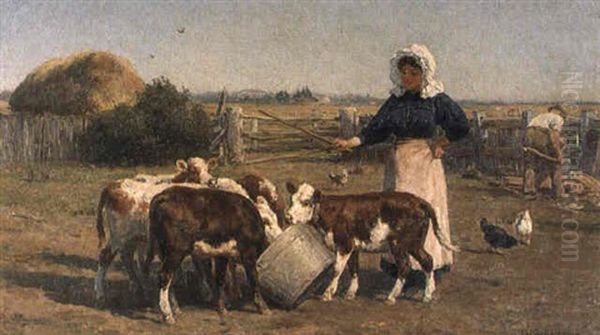 Feeding The Calves Oil Painting by Jan Hendrik Scheltema