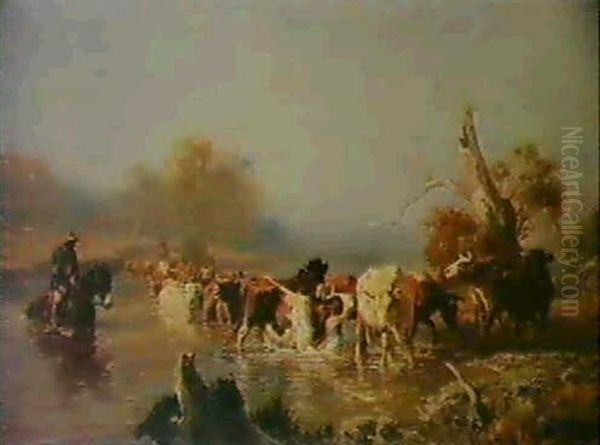 Cattle Fording A River Oil Painting by Jan Hendrik Scheltema