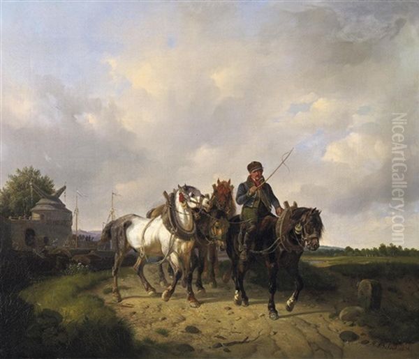 Treidler Mit Seinen Pferden Am Flusufer Oil Painting by August Franz Schelver