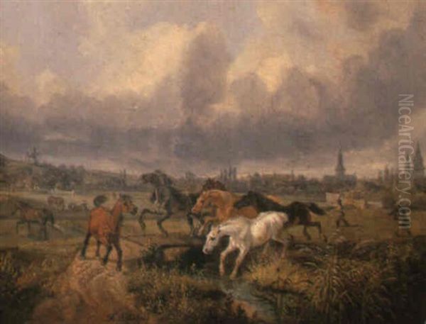 Horses Frightened By Herders Oil Painting by August Franz Schelver