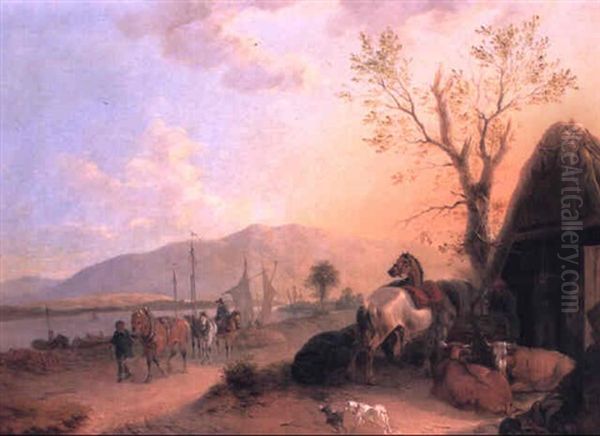 Figures With Horses And Cattle On A Tow Path Oil Painting by August Franz Schelver