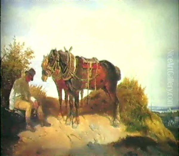 Der Treidler Und Sein Pferdegespann Bei Der Rast Oil Painting by August Franz Schelver