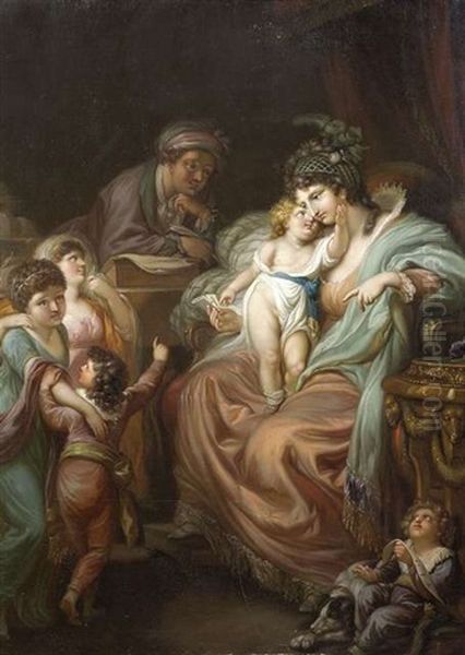 Familiengluck. Eine Mutter Wird Beim Briefelesen In Einer Studierstube Von Ihren Kindern Aufgesucht Oil Painting by Johann Eleazar Schenau