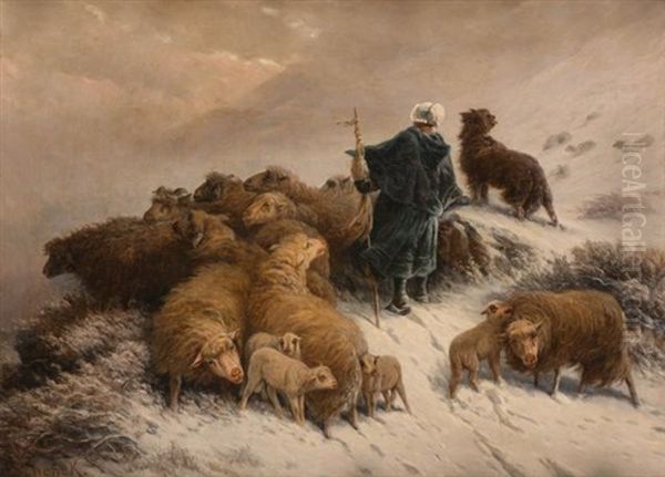 A Shepherd And Flock In The Snow Oil Painting by August Friedrich Albrecht Schenck