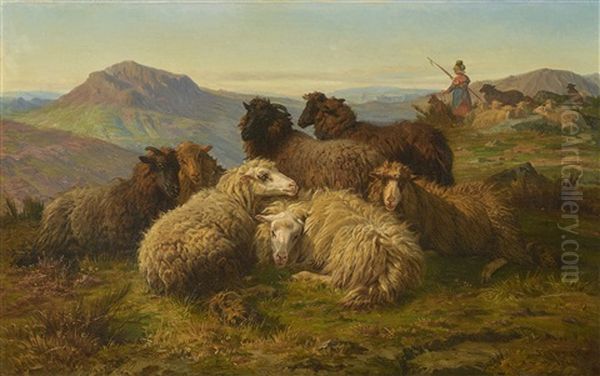 Hirtin Mit Schafherde In Hugellandschaft Oil Painting by August Friedrich Albrecht Schenck