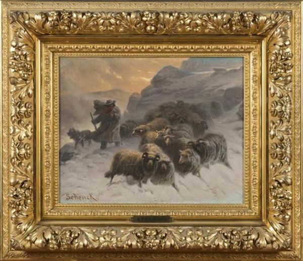 Berger Et Troupeau Dans Une Tempete De Neige Oil Painting by August Friedrich Albrecht Schenck