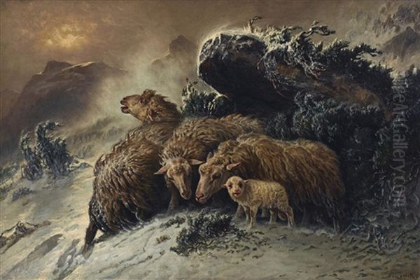 Sheeps In A Winter Storm Oil Painting by August Friedrich Albrecht Schenck