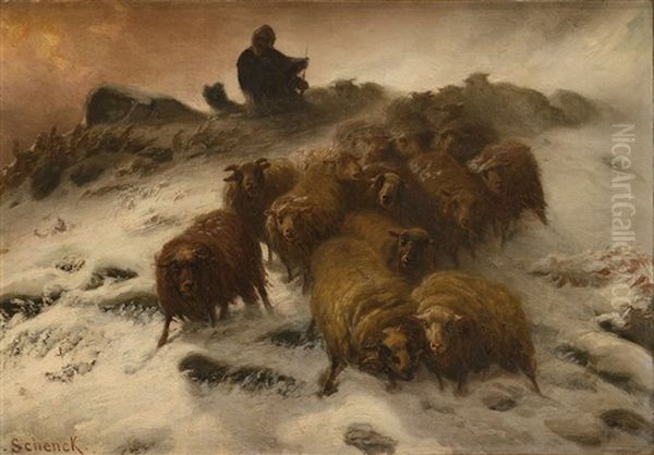 Troupeau De Moutons Dans La Tempete by August Friedrich Albrecht Schenck