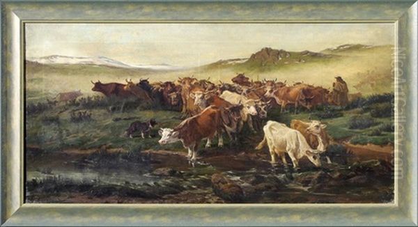 Troupeau De Vaches En Auvergne Oil Painting by August Friedrich Albrecht Schenck