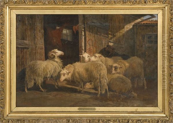 Barn Scene With Sheep Oil Painting by August Friedrich Albrecht Schenck