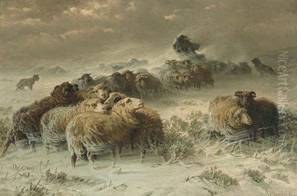 A Shepherd With His Flock In A Snowstorm Oil Painting by August Friedrich Albrecht Schenck