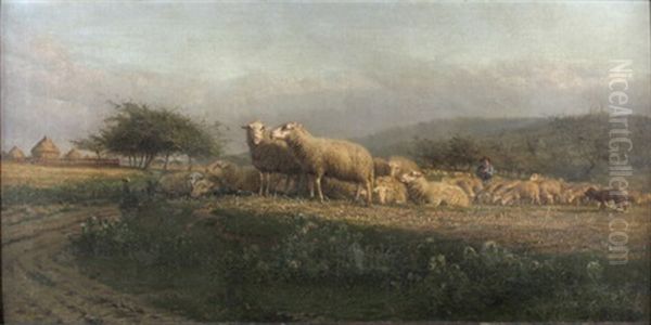 Hirte Mit Schafherde In Weiter Landschaft Oil Painting by August Friedrich Albrecht Schenck