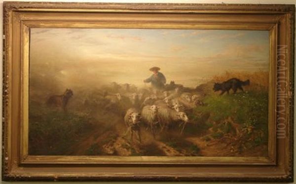 Shepherd Tending His Flock Oil Painting by August Friedrich Albrecht Schenck