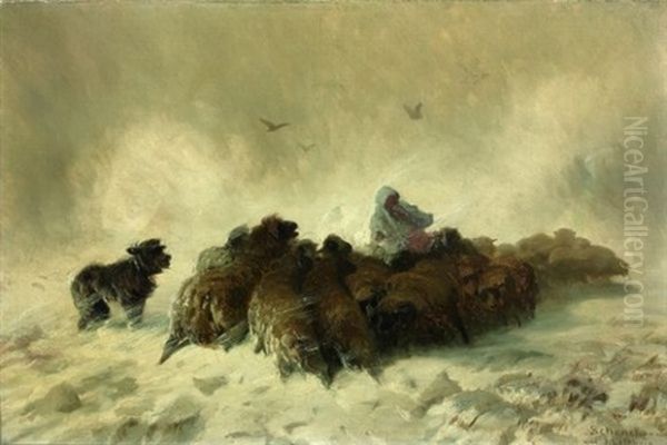 Le Troupeau De Moutons Dans La Tempete Oil Painting by August Friedrich Albrecht Schenck