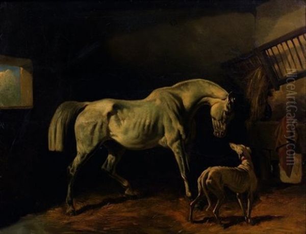 Cheval Blanc Et Levrier Dans Une Ecurie Oil Painting by August Friedrich Albrecht Schenck