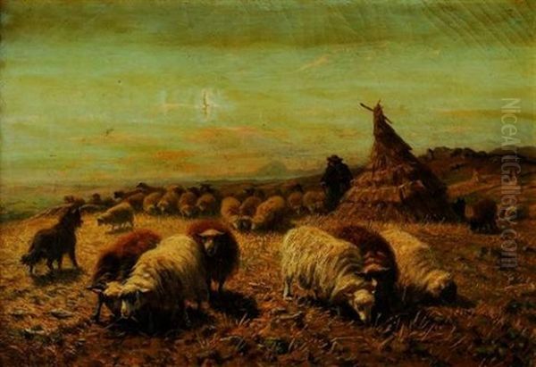 Berger Et Ses Moutons Pres Des Meules Oil Painting by August Friedrich Albrecht Schenck