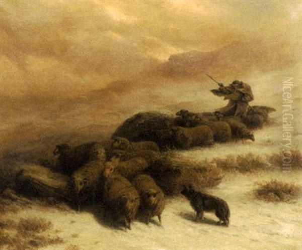 Shepherd And Flock On A Snowy Mountain Side Oil Painting by August Friedrich Albrecht Schenck