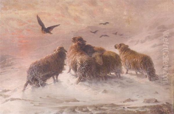 Sheep On A Snowy Mountainside Oil Painting by August Friedrich Albrecht Schenck