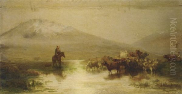 A Herder Watering His Cattle Oil Painting by August Friedrich Albrecht Schenck