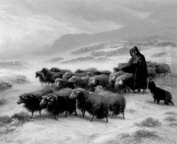 Flock Of Sheep In The Snow Oil Painting by August Friedrich Albrecht Schenck