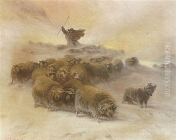 A Winter Landscape With A Shepherd And His Flock In A Blizzard Oil Painting by August Friedrich Albrecht Schenck