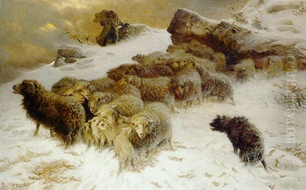 Le Troupeau De Moutons Surpris Par La Tempete De Neige Oil Painting by August Friedrich Albrecht Schenck