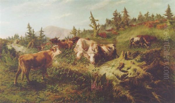 Cows In A Mountain Landscape Oil Painting by August Friedrich Albrecht Schenck