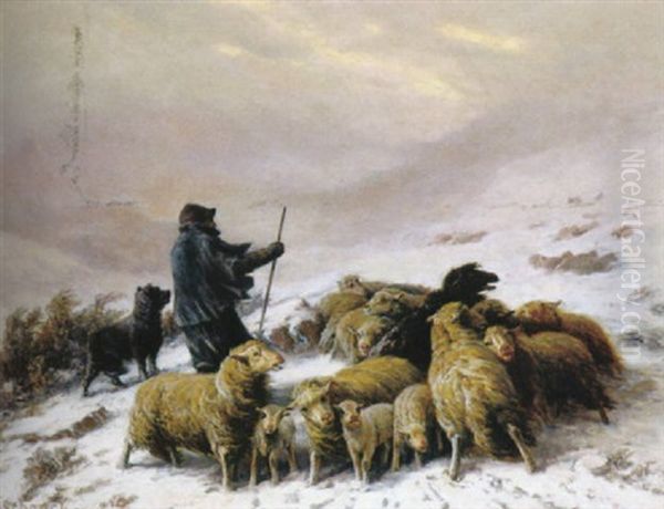 Schafer Mit Schafherde Und Hund In Winterlichem Sturm Oil Painting by August Friedrich Albrecht Schenck