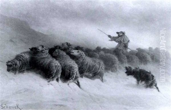 A Shepherd And His Flock Caught In A Driving Snowstorm Oil Painting by August Friedrich Albrecht Schenck