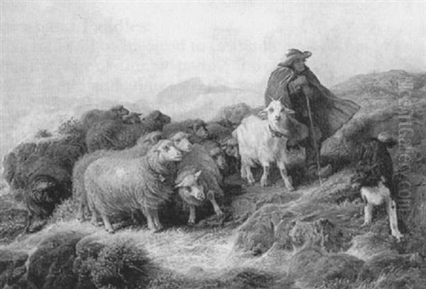 A Flock Of Sheep In A Stormy Landscape Oil Painting by August Friedrich Albrecht Schenck