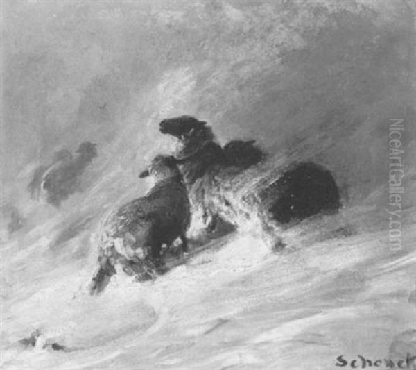 Sheep In A Blizzard Oil Painting by August Friedrich Albrecht Schenck