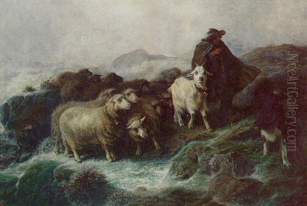 Herder And Flock In Misty Mountain Landscape Oil Painting by August Friedrich Albrecht Schenck