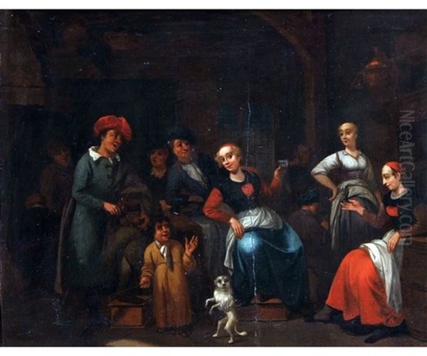 Interior Scene With Figures And Dancing Dog Oil Painting by Bernardus Van Schendel