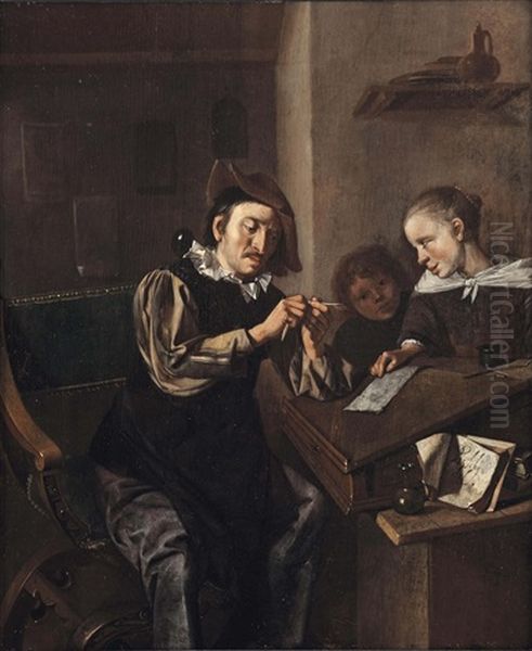 A School Interior With The Head Master Sharpening A Pencil While Two Children Look On Oil Painting by Bernardus Van Schendel