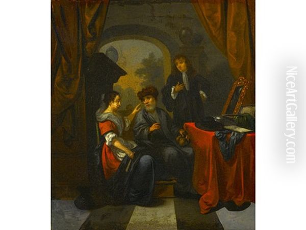 Figures In An Interior Oil Painting by Bernardus Van Schendel