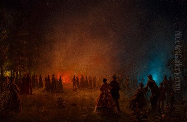 Elegant Company Watching Fireworks In A Park Oil Painting by Petrus van Schendel