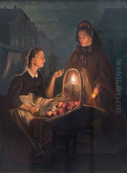 A Young Apple Seller By Candlelight Oil Painting by Petrus van Schendel