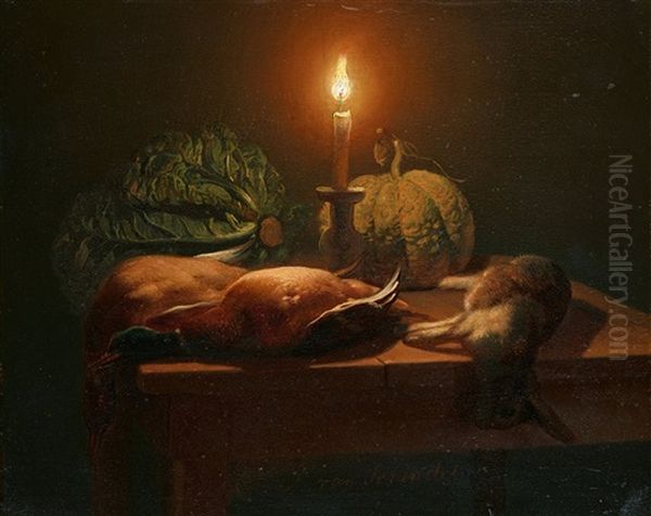 Still Life With Ducks, Rabbit, Pumpkin, And Cabbage By Candlelight Oil Painting by Petrus van Schendel