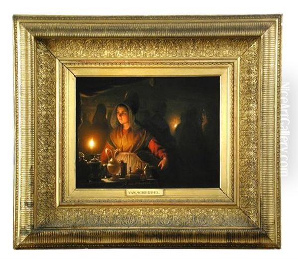 An Interior With A Maidservant By Candlelight Oil Painting by Petrus van Schendel